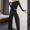 Conjunto Popular de Punto Acanalado Off-Shoulder y Pantalones de Pierna Ancha para Otoño e Invierno, Transfronterizo Europeo y Americano, Pijama, Ropa de Casa para Mujer