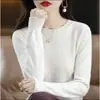 Camisa básica de renda macia e casual com gola redonda para mulheres, novo suéter de tricô estiloso de manga longa para outono e inverno, caimento solto