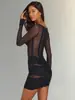 Vestido de Malla de Encaje Cuadrado Europeo y Americano para Mujer Manga Larga Transparente Hueso de Pescado Fruncido Ajustado al Cuerpo Ceñido a la Cadera Falda Corta de Chica Caliente para Discoteca