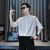 Camisa Masculina de Verão Yuppie High-End com Caimento Leve, Estilo Chinês Novo, Gola Alta, Manga Curta, Tecido Fino de Seda de Gelo, Meia-Manga