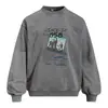 Moletom com estampa de foto de letra gola redonda para homens, estilo de rua americano, top esportivo casual vintage desgastado de corte solto