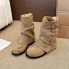 Botines de punta redonda nicho otoño e invierno pierna de pantalón botas vaqueras western para mujer botas adelgazantes tacón grueso cinturón de cuero retro hebilla nueva versátil