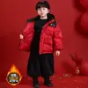 Saudações de Ano Novo Jaqueta de Penas para Menino Inverno Crianças Jaqueta Traje Tang Menino Bebê Estilo Chinês Vermelho Festivo Roupas de Ano Novo