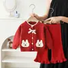 Nuevo Conjunto de Suéter para Niñas Cárdigan de Punto con Conejito Suéter de Cuello Redondo con Lazo con Pantalones de Encaje Conjunto de Dos Piezas