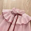 Camisa Infantil Forrada com Lã Estilista Nova Camisa de Lapela Listrada Estilo Coreano Top Cardigan com Babados Infantil Primavera e Outono