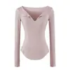 Camiseta de Manga Larga con Cuello en V y Dobladillo Deshilachado Spicy Girl para Mujer, Diseño Otoñal con Sentido, Capa Base Ajustada, Delgado, Dobladillo Curvo, Top Base