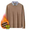 Suéter Popular de Comércio Exterior Falso Duas Peças para Homens, Blusa Espessa com Gola de Camisa Forrada de Lã, Suéter Básico de Tricô para Homens, Estilo Pai