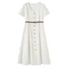 Vestido Elegante Inno para Mujer Tallas Grandes, Sencillo con Cuello en V para el Trabajo, Verano 2026, Largo de Seda y Lino con Cintura Ajustada 275150