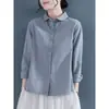 Camisa de Manga Larga Casual Elegante Reductora de Edad de Algodón y Lino de Color Sólido, Talla Grande, Corte Holgado, Cruzada del Sudeste Asiático, Primavera y Otoño