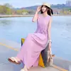 Look de Início de Verão 2025: Novo Estilo Vestido Longo para Férias na Praia Sanya, Vestido de Algodão e Seda Sem Mangas Que Emagrece nas Fotos