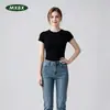 Camiseta de Manga Corta Ajustada de Color Sólido para Mujer, Cuello Redondo, Adelgazante, Estilo Chica Picante Americana, Capa Base Deportiva Casual