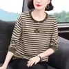 Nova Camiseta Listrada de Manga Longa da Moda de Outono da Mamãe para Mulheres, Camisa Básica Elegante com Strass de Caimento Solto para Meia-Idade e Idosos