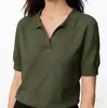 Camisa de Tricô Fina de Verão para Mulheres, Gola Polo Manga Curta, Verde Militar, Ajuste na Cintura, Emagrecedor, Top Versátil para o Dia a Dia