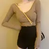 Otoño 2025, nueva camiseta sexy de manga larga sin espalda para mujer, diseño combinable, cuello en U, color sólido, camiseta de chica sexy.