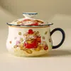 Xícara de Chá de Cerâmica Branca do Fabricante com Design de Gato para Boa Sorte, Caneca com Tampa para Separação de Chá e Água, Xícara Individual