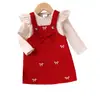 Yaya Comercio Exterior Transfronterizo Primavera Nuevo Color Albaricoque Manga Larga Rojo Vino Vestido con Tirantes Conjunto de Ropa para Niños Lindo y Energético Venta al por Mayor desde el Fabricante
