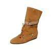 Botas vaqueras de encaje con cuentas estilo étnico, gamuza de vaca, otoño/invierno 2026, tacón medio, punta redonda, botines de cuero genuino para mujer