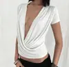 Camiseta de Manga Corta Versátil de Color Sólido, Nuevo Diseño de Moda para Mujer, Escote en V Profundo Sexy, Estilo Harajuku Transfronterizo