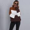 Bai Fen Zhi Yi Amazon Transfronterizo Otoño Marrón Patchwork Cuello Redondo Manga Larga Jersey de Punto Suelto para Mujer
