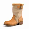 Botas de Media Pantorrilla Bloqueadas por Color de Piel de Vaca + Tela para Mujer, Nuevo Estilo Otoño, Hebilla de Cinturón de Piel Genuina, Punta Redonda, Tacón Medio, Botas Casuales