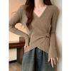 Camiseta de Fondo Estilo Tweed con Cuello en V y Ribete de Canalé para Mujer Primavera, Otoño e Invierno Nueva Holgada Talla Grande Sexy Top para Mujer