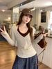 Camiseta Base de Manga Larga Ajustada con Cuello en V Color Avena para Mujer Primavera y Otoño 2026 con Almohadillas en el Pecho, Top de Tirantes con Amarre en el Cuello