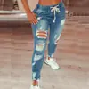 Jeans Elásticos de Cintura Alta para Mujer 2023 Amazon Aliexpress Transfronterizos Europeos y Americanos Pantalones de Pierna Estrecha con Cordones Rotos