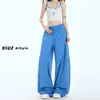 Pantalones de Trabajo Azules de Secado Rápido para Mujer, Pantalones Casuales de Verano Finos Estilo Americano de Pierna Ancha, Pantalones Deportivos Retro Petite
