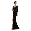 Vestido de Noche Borgoña Dorado Francés de Terciopelo con Cuello en V Lujo Accesible Nicho Elegante Elegante Banquete Elegante Abertura Falda de Cola de Pez