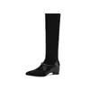 Bico Fino Stretch Slim Patchwork Salto Anabela 5cm Outono/Inverno Nova Chegada para o Trabalho Botas Longas de Camurça Emagrecimento Versátil Botas de Moda