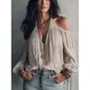 Top de Mujer Otoño 2026 Transfronterizo Europeo y Americano Color Albaricoque Claro Texturizado Raya Vertical Cuello Halter Hombros Descubiertos Manga de Linterna Elástica con Fruncido y Escote en V