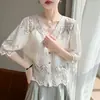Blusa de ganchillo hueca estilo francés con cuello en V y mangas abullonadas para mujer, diseño único, top cárdigan de nicho, camiseta holgada y transpirable de manga corta