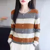 Cárdigan a rayas azul claro y gris transfronterizo, suéter retro de cuello redondo con bloques de color para mujer, estilo suave, adecuado para figuras petites, prenda exterior de punto