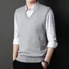 Suéter Masculino de Lã com Gola V, Sem Mangas, Aconchegante e Espesso, Colete, Suéter Básico para Homem de Meia-idade