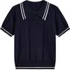 Suéter de punto con cuello polo para mujer, nuevo de verano, moda, estilo preppy, combinación de colores, top pullover, azul marino, talla única, gris, albaricoque
