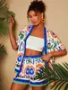2026 Transfronterizo Verano Nuevo Estilo Europeo y Americano Impresión 3D Casual para Mujer Cardigan de Manga Corta Traje de Shorts Ropa de Vacaciones para Playa
