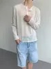 Camisa Henley de manga larga con cuello en V, de tacto de alta gama, textura azul cómoda, transpirable, casual, corte holgado, top versátil para hombre