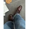 Versión de Piel de Vaca~Mocasines Lavados Vintage Retro para Mujer, Zapatos Pequeños de Cuero con Cordones, Zapatos Planos de Cuero Genuino con Punta Redonda