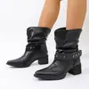 Elegantes Botines Vaqueros Occidentales Plisados para Mujer 2026 Primavera/Otoño Más Vendidos Negros Adelgazantes Puntiagudos Tacón Grueso Botines de Montura