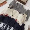 Suéter de Punto Acolchado con Cuello Polo Estilo Coreano para Mujer 2025 Nueva Chaqueta Corta Gris de Contraste Ropa de Otoño Transfronteriza
