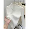 Camisa básica feminina de gola semi-alta, suéter básico de gola média, roupa de inverno para usar por baixo, jovem e estiloso, com bordas franzidas, blusa de tricô