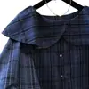 Impresionante conjunto vintage a cuadros estilo coreano con camisa de manga larga y cuello con volantes fuera del hombro para mujer, top de principios de otoño