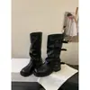 Botas de otoño e invierno para mujer con hebilla de cinturón, suela gruesa, diseño único, botas de chimenea, botas plisadas hasta la mitad de la pantorrilla, botas altas de tacón grueso