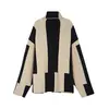 Suéter Listrado Preto e Branco Elegante de Estilo Coreano Versátil para Mulheres Outono e Inverno Novo Suéter de Gola Alta Estilo Preguiçoso Solto