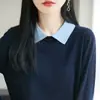 Suéter de Punto con Bloques de Color Estilo Francés Falso Dos Piezas Cuello Polo para Mujer, Capa Base Fina de Lana Fina, Suéter Elegante y Juvenil con Bloques de Color