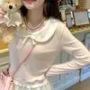 Camiseta de Manga Longa Spliced com Gola de Boneca em Veludo Alemão, Estilo Novo Outono e Inverno, Top Gentil e Doce Slim Fit para Mulheres