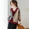 Moda V-Neck Encaje Bloques de Color Tejido Otoño e Invierno 2025 Suelto Diseño de Tejido de Punto Lazo Estilo Occidental Top para Mujer