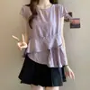 Top de Verano Nuevo Estilo para Mujer Tallas Grandes con Cuello Redondo y un Dobladillo Irregular Único de Múltiples Capas en Gasa