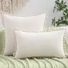 Fronha estilo boêmio, linho liso com pompons e franjas, capa de almofada primavera/verão para sala de estar, quarto, decoração de casa
