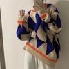 Suéter Japonês com Rombos Contrastantes Feminino Pulôver Outono/Inverno 2024 Novo Estilo Solto Preguiçoso Tendência Suéter Casaco